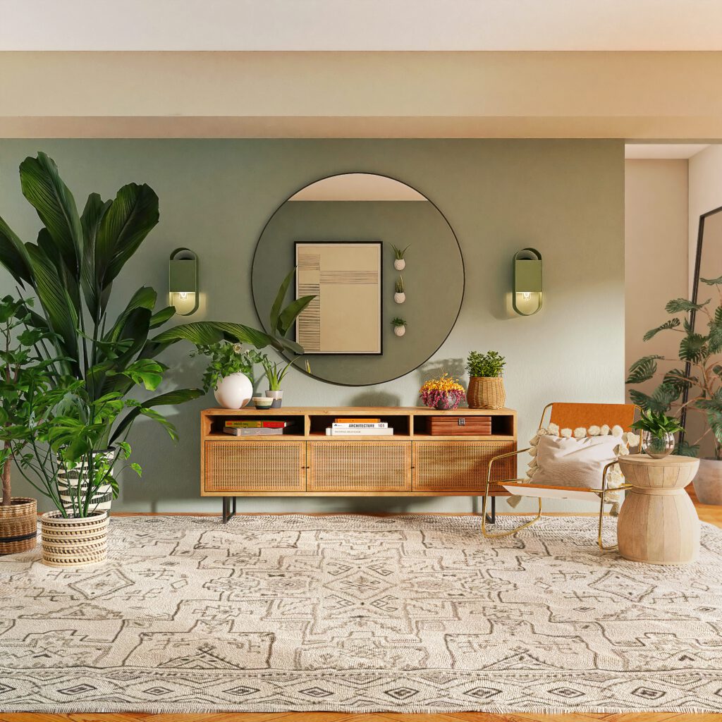 console table under a round mirror